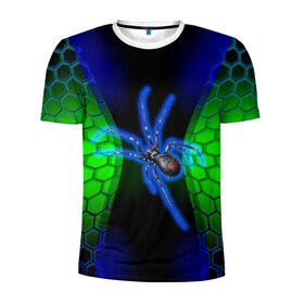 Мужская футболка 3D спортивная с принтом Паук на ночной охоте в Кировске, 100% полиэстер с улучшенными характеристиками | приталенный силуэт, круглая горловина, широкие плечи, сужается к линии бедра | зеленая броня | зеленый неон | классный дизайн | ночь | паук | паук дизайн | паук на охоте | паук охотник | пчелиные | соты | темная футболка | футболка с пауком | черные соты