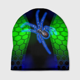 Шапка 3D с принтом Паук на ночной охоте в Кировске, 100% полиэстер | универсальный размер, печать по всей поверхности изделия | Тематика изображения на принте: зеленая броня | зеленый неон | классный дизайн | ночь | паук | паук дизайн | паук на охоте | паук охотник | пчелиные | соты | темная футболка | футболка с пауком | черные соты