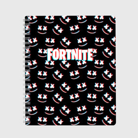 Тетрадь с принтом FORTNITE x MARSHMELLO в Кировске, 100% бумага | 48 листов, плотность листов — 60 г/м2, плотность картонной обложки — 250 г/м2. Листы скреплены сбоку удобной пружинной спиралью. Уголки страниц и обложки скругленные. Цвет линий — светло-серый
 | 2019 | armor | armour | cybersport | dj | esport | fortnite | game | glitch | logo | marshmello | season 9 | usa | америка | броня | глитч | игра | киберспорт | клубная музыка | маршмелло | 