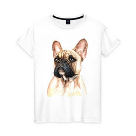 Женская футболка хлопок с принтом Французский бульдог в Кировске, 100% хлопок | прямой крой, круглый вырез горловины, длина до линии бедер, слегка спущенное плечо | Тематика изображения на принте: bulldog | dog | бульдог | собака | собаки | французский бульдог