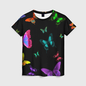 Женская футболка 3D с принтом Ночные Бабочки в Кировске, 100% полиэфир ( синтетическое хлопкоподобное полотно) | прямой крой, круглый вырез горловины, длина до линии бедер | butterfly | бабочка | бабочки | биология | животные | краски | крылья | насекомые | ночь | разноцветные | черный | яркие