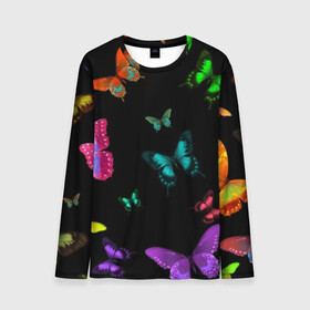 Мужской лонгслив 3D с принтом Ночные Бабочки в Кировске, 100% полиэстер | длинные рукава, круглый вырез горловины, полуприлегающий силуэт | butterfly | бабочка | бабочки | биология | животные | краски | крылья | насекомые | ночь | разноцветные | черный | яркие