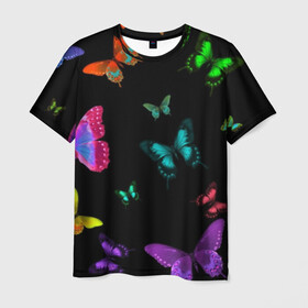 Мужская футболка 3D с принтом Ночные Бабочки в Кировске, 100% полиэфир | прямой крой, круглый вырез горловины, длина до линии бедер | butterfly | бабочка | бабочки | биология | животные | краски | крылья | насекомые | ночь | разноцветные | черный | яркие