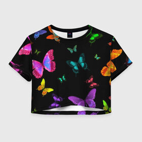 Женская футболка Cropp-top с принтом Ночные Бабочки в Кировске, 100% полиэстер | круглая горловина, длина футболки до линии талии, рукава с отворотами | butterfly | бабочка | бабочки | биология | животные | краски | крылья | насекомые | ночь | разноцветные | черный | яркие
