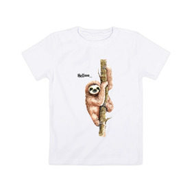Детская футболка хлопок с принтом Ленивец в Кировске, 100% хлопок | круглый вырез горловины, полуприлегающий силуэт, длина до линии бедер | Тематика изображения на принте: sloth | ленивец | ленивцы