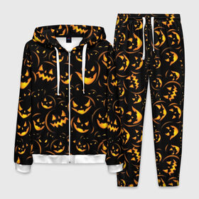Мужской костюм 3D с принтом Хэллоуин в Кировске, 100% полиэстер | Манжеты и пояс оформлены тканевой резинкой, двухслойный капюшон со шнурком для регулировки, карманы спереди | Тематика изображения на принте: background | black | color | eyes | fangs | halloween | holiday | horror | orange | pumpkin | sinister | teeth | vegetable | yellow | глаза | желтый | зловещий | зубы | клыки | овощ | оранжевый | праздник | тыквы | ужас | фон | хэллоуин | цвет | черный