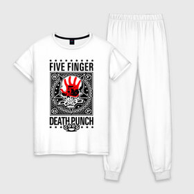 Женская пижама хлопок с принтом Five Finger Death Punch в Кировске, 100% хлопок | брюки и футболка прямого кроя, без карманов, на брюках мягкая резинка на поясе и по низу штанин | 5fdp | ffdp | five finger death punch | metal | альтернатива | группы | метал | музыка | хеви метал