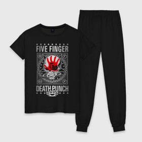 Женская пижама хлопок с принтом Five Finger Death Punch в Кировске, 100% хлопок | брюки и футболка прямого кроя, без карманов, на брюках мягкая резинка на поясе и по низу штанин | 5fdp | ffdp | five finger death punch | metal | альтернатива | группы | метал | музыка | хеви метал