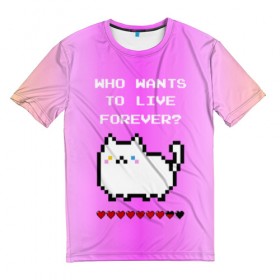 Мужская футболка 3D с принтом Cat forever в Кировске, 100% полиэфир | прямой крой, круглый вырез горловины, длина до линии бедер | Тематика изображения на принте: 9 жизней | forever | pixel art | queen | wants to live | квин цитата | котенок | котик | котики | коты | кошка | кошки | пиксели | пиксель арт