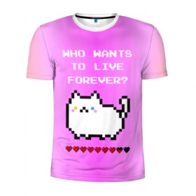 Мужская футболка 3D спортивная с принтом Cat forever в Кировске, 100% полиэстер с улучшенными характеристиками | приталенный силуэт, круглая горловина, широкие плечи, сужается к линии бедра | 9 жизней | forever | pixel art | queen | wants to live | квин цитата | котенок | котик | котики | коты | кошка | кошки | пиксели | пиксель арт