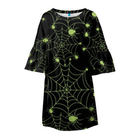 Детское платье 3D с принтом Зелёная паутина в Кировске, 100% полиэстер | прямой силуэт, чуть расширенный к низу. Круглая горловина, на рукавах — воланы | Тематика изображения на принте: background | black | cobweb | color | gothic | green | halloween | holiday | insect | pattern | spider | weave | web | готика | зеленый | насекомое | паук | паутина | плести | праздник | сеть | узор | фон | хэллоуин | цвет | черный