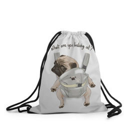 Рюкзак-мешок 3D с принтом Мопс в рюкзаке в Кировске, 100% полиэстер | плотность ткани — 200 г/м2, размер — 35 х 45 см; лямки — толстые шнурки, застежка на шнуровке, без карманов и подкладки | background | backpack | breed | brown | color | cute | dog | funny | gray | look | muzzle | paws | pug | puppy | slogan | small | trace | white | белый | взгляд | коричневый | лапы | маленький | милый | мопс | пес | порода | прикольный | рюкзак | 