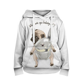 Детская толстовка 3D с принтом Мопс в рюкзаке в Кировске, 100% полиэстер | двухслойный капюшон со шнурком для регулировки, мягкие манжеты на рукавах и по низу толстовки, спереди карман-кенгуру с мягким внутренним слоем | background | backpack | breed | brown | color | cute | dog | funny | gray | look | muzzle | paws | pug | puppy | slogan | small | trace | white | белый | взгляд | коричневый | лапы | маленький | милый | мопс | пес | порода | прикольный | рюкзак | 
