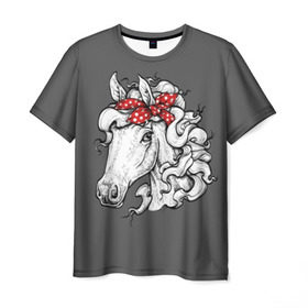 Мужская футболка 3D с принтом Белая лошадь в Кировске, 100% полиэфир | прямой крой, круглый вырез горловины, длина до линии бедер | animal | background | bandana | black | color | cool | fauna | gray | head | headdre | hipster | horse | image | look | mane | red | white | world | бандана | белый | взгляд | голова | головной | грива | животное | животный | имидж | конь | красный | лоша