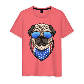 Мужская футболка хлопок с принтом Крутой Мопс в Кировске, 100% хлопок | прямой крой, круглый вырез горловины, длина до линии бедер, слегка спущенное плечо. | pug | америка | мопс | мопсы | собака | собаки | сша