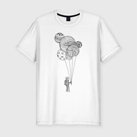 Мужская футболка премиум с принтом Космонавт в Кировске, 92% хлопок, 8% лайкра | приталенный силуэт, круглый вырез ворота, длина до линии бедра, короткий рукав | абстракция | астронавт | в космосе | космонавт | космос | планета | планеты | шарики