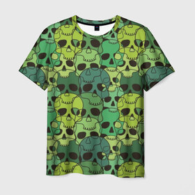Мужская футболка 3D с принтом Зеленые черепа в Кировске, 100% полиэфир | прямой крой, круглый вырез горловины, длина до линии бедер | anger | black | death | drawing | green | horror | illustration | lime | look | marsh | scary | skull | terrible | болотный | взгляд | зеленый | злость | иллюстрация | рисунок | салатовый | страшный | ужас | ужасный | черепа | черный