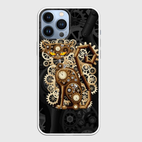 Чехол для iPhone 13 Pro Max с принтом Кошка в стиле стимпанк в Кировске,  |  | brow | cat | cats | cool | eyes | gear | iron | kitty | meow | punk | steel | style | tail | vintage | yellow | винт | винтаж | время | гайка | глаза | графика | железо | желтый | когти | колесо | коричневый | котики | котэ | кошка | лапы | механизм | мор