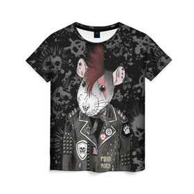 Женская футболка 3D с принтом Крыса в косухе в Кировске, 100% полиэфир ( синтетическое хлопкоподобное полотно) | прямой крой, круглый вырез горловины, длина до линии бедер | Тематика изображения на принте: anarchy | clothes | cool | earring | hairstyle | hamster | icon | jacket | mohawk | mouse | music | muzzle | piercing | punk | rat | riveting | rock | skull | spikes | анархия | значок | ирокез | к | клепки | круто | крыса | куртка | музыка | мышь