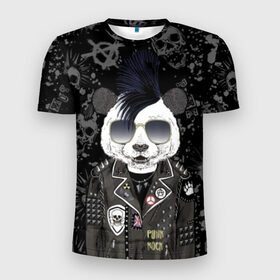 Мужская футболка 3D спортивная с принтом Панда в косухе в Кировске, 100% полиэстер с улучшенными характеристиками | приталенный силуэт, круглая горловина, широкие плечи, сужается к линии бедра | anarchy | bear | color | cool | icon | jacket | mohawk | music | panda | piercing | punk | purple | rock | skull | white | аксессуар | анархия | белый | значок | ирокез | круто | куртка | медведь | музыка | одежда | очки | панда | панк |