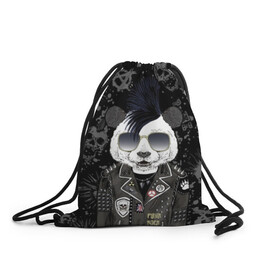 Рюкзак-мешок 3D с принтом Панда в косухе в Кировске, 100% полиэстер | плотность ткани — 200 г/м2, размер — 35 х 45 см; лямки — толстые шнурки, застежка на шнуровке, без карманов и подкладки | anarchy | bear | color | cool | icon | jacket | mohawk | music | panda | piercing | punk | purple | rock | skull | white | аксессуар | анархия | белый | значок | ирокез | круто | куртка | медведь | музыка | одежда | очки | панда | панк |