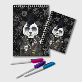 Блокнот с принтом Панда в косухе в Кировске, 100% бумага | 48 листов, плотность листов — 60 г/м2, плотность картонной обложки — 250 г/м2. Листы скреплены удобной пружинной спиралью. Цвет линий — светло-серый
 | anarchy | bear | color | cool | icon | jacket | mohawk | music | panda | piercing | punk | purple | rock | skull | white | аксессуар | анархия | белый | значок | ирокез | круто | куртка | медведь | музыка | одежда | очки | панда | панк |