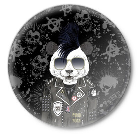 Значок с принтом Панда в косухе в Кировске,  металл | круглая форма, металлическая застежка в виде булавки | anarchy | bear | color | cool | icon | jacket | mohawk | music | panda | piercing | punk | purple | rock | skull | white | аксессуар | анархия | белый | значок | ирокез | круто | куртка | медведь | музыка | одежда | очки | панда | панк |