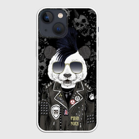 Чехол для iPhone 13 mini с принтом Панда в косухе в Кировске,  |  | anarchy | bear | color | cool | icon | jacket | mohawk | music | panda | piercing | punk | purple | rock | skull | white | аксессуар | анархия | белый | значок | ирокез | круто | куртка | медведь | музыка | одежда | очки | панда | панк |