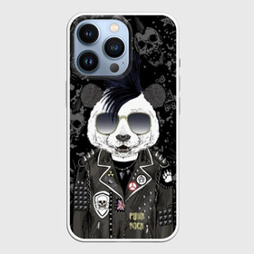 Чехол для iPhone 13 Pro с принтом Панда в косухе в Кировске,  |  | Тематика изображения на принте: anarchy | bear | color | cool | icon | jacket | mohawk | music | panda | piercing | punk | purple | rock | skull | white | аксессуар | анархия | белый | значок | ирокез | круто | куртка | медведь | музыка | одежда | очки | панда | панк |