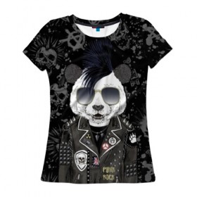 Женская футболка 3D с принтом Панда в косухе в Кировске, 100% полиэфир ( синтетическое хлопкоподобное полотно) | прямой крой, круглый вырез горловины, длина до линии бедер | anarchy | bear | color | cool | icon | jacket | mohawk | music | panda | piercing | punk | purple | rock | skull | white | аксессуар | анархия | белый | значок | ирокез | круто | куртка | медведь | музыка | одежда | очки | панда | панк |