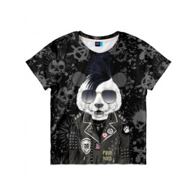 Детская футболка 3D с принтом Панда в косухе в Кировске, 100% гипоаллергенный полиэфир | прямой крой, круглый вырез горловины, длина до линии бедер, чуть спущенное плечо, ткань немного тянется | anarchy | bear | color | cool | icon | jacket | mohawk | music | panda | piercing | punk | purple | rock | skull | white | аксессуар | анархия | белый | значок | ирокез | круто | куртка | медведь | музыка | одежда | очки | панда | панк |