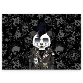Поздравительная открытка с принтом Панда в косухе в Кировске, 100% бумага | плотность бумаги 280 г/м2, матовая, на обратной стороне линовка и место для марки
 | anarchy | bear | color | cool | icon | jacket | mohawk | music | panda | piercing | punk | purple | rock | skull | white | аксессуар | анархия | белый | значок | ирокез | круто | куртка | медведь | музыка | одежда | очки | панда | панк |