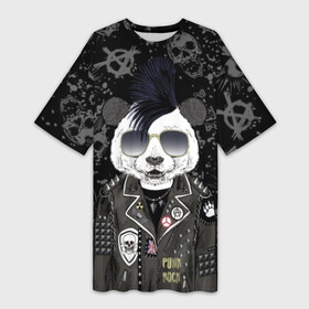 Платье-футболка 3D с принтом Панда в косухе в Кировске,  |  | anarchy | bear | color | cool | icon | jacket | mohawk | music | panda | piercing | punk | purple | rock | skull | white | аксессуар | анархия | белый | значок | ирокез | круто | куртка | медведь | музыка | одежда | очки | панда | панк |