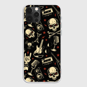 Чехол для iPhone 12 Pro Max с принтом Гранж с черепами в Кировске, Силикон |  | bones | grunge | guitar | hands | microphone | music | punk | record | rocker | skeleton | skull | sound | style | tape | vintage | vinyl | винил | винтаж | гитары | гранж | звук | кассеты | коза | кости | магнитофон | микрофон | молнии | музыка | очки | 