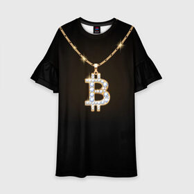 Детское платье 3D с принтом Бриллиантовый биткоин в Кировске, 100% полиэстер | прямой силуэт, чуть расширенный к низу. Круглая горловина, на рукавах — воланы | Тематика изображения на принте: bitcoin | black | chain | color | diamond | emblem | gold | golden | hip hop | logo | luxury | money | style | symbol | алмаз | блеск | блестящий | бриллиант | валюта | деньги | знак | золото | золотой | криптовалюта | кулон | логотип | люкс | роскошь | с