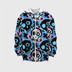 Детская куртка 3D с принтом Черепа в Кировске, 100% полиэстер | застежка — молния, подол и капюшон оформлены резинкой с фиксаторами, по бокам — два кармана без застежек, один потайной карман на груди, плотность верхнего слоя — 90 г/м2; плотность флисового подклада — 260 г/м2 | black | blue | crosses | graffiti | halloween | ornament | pattern | pink | skull | white | белый | граффити | кресты | орнамент | розовый | синий | узор | хэллоуин | черепа | черный