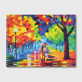 Альбом для рисования с принтом Осенний бульвар в Кировске, 100% бумага
 | матовая бумага, плотность 200 мг. | art | blue | couple | green | lovers | orange | street | tree | umbrella | yellow | влюбленные | дерево | дождь | желтый | зеленый | зонт | искусство | картина | краски | красный | листья | масло | о | оранжевый | осенний | отражение