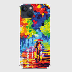 Чехол для iPhone 13 с принтом Осенний бульвар в Кировске,  |  | art | blue | couple | green | lovers | orange | street | tree | umbrella | yellow | влюбленные | дерево | дождь | желтый | зеленый | зонт | искусство | картина | краски | красный | листья | масло | о | оранжевый | осенний | отражение