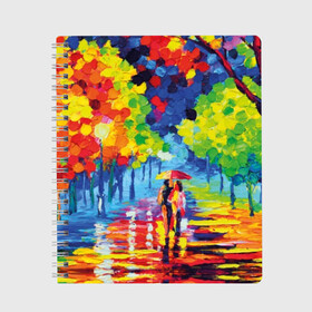 Тетрадь с принтом Осенний бульвар в Кировске, 100% бумага | 48 листов, плотность листов — 60 г/м2, плотность картонной обложки — 250 г/м2. Листы скреплены сбоку удобной пружинной спиралью. Уголки страниц и обложки скругленные. Цвет линий — светло-серый
 | art | blue | couple | green | lovers | orange | street | tree | umbrella | yellow | влюбленные | дерево | дождь | желтый | зеленый | зонт | искусство | картина | краски | красный | листья | масло | о | оранжевый | осенний | отражение