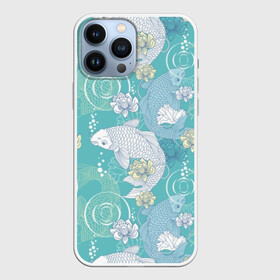 Чехол для iPhone 13 Pro Max с принтом Карпы Кои в Кировске,  |  | blue | bubbles | carp koi | fauna | fin | fish | flora | flower | green | japan | japanese | lake | lotus | plant | pond | scales | tail | water | white | белый | вода | зелёный | карп кои | лотос | озеро | плавник | пруд | пузыри | растение | р