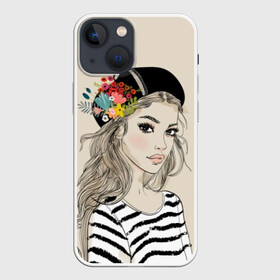 Чехол для iPhone 13 mini с принтом Парижанка в берете в Кировске,  |  | beauty | beret | black | blonde | chic | eyes | fashion | flowers | french | girl | lips | look | paris | stripes | style | white | woman | young | youth | белый | берет | блондинка | взгляд | глаза | губы | девушка | женщина | красотка | мода | молодая |