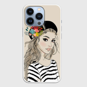 Чехол для iPhone 13 Pro с принтом Парижанка в берете в Кировске,  |  | beauty | beret | black | blonde | chic | eyes | fashion | flowers | french | girl | lips | look | paris | stripes | style | white | woman | young | youth | белый | берет | блондинка | взгляд | глаза | губы | девушка | женщина | красотка | мода | молодая |