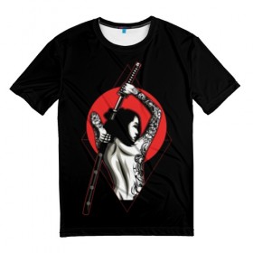 Мужская футболка 3D с принтом Девушка с мечом в Кировске, 100% полиэфир | прямой крой, круглый вырез горловины, длина до линии бедер | beauty | black | brunette | cool | girl | gray | japan | japanese | mafia | red | samurai | sun | sword | tattoo | white | woman | yakuza | young | белый | брюнетка | девушка | женщина | красный | красотка | круто | мафия | меч | молодая | самурайский | с
