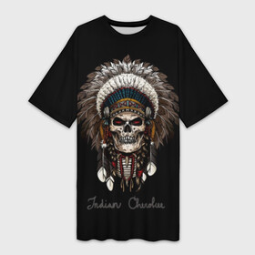 Платье-футболка 3D с принтом Череп с роучем в Кировске,  |  | cherokee | culture | ethnic | feathers | indian | national | navajo | roach | skeleton | skull | traditional | индеец | культура | навахо | национальный | перья | роуч | скелет | традиционный | череп | чероки | этнический