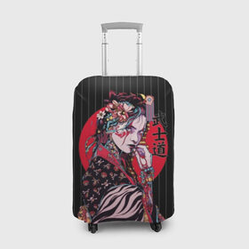 Чехол для чемодана 3D с принтом Гейша в Кировске, 86% полиэфир, 14% спандекс | двустороннее нанесение принта, прорези для ручек и колес | beauty | black | bright | character | cool | decorations | flowers | geisha | girl | hairstyle | japan | kimon | lines | red | stripes | woman | young | девушка | женщина | иероглиф | кимоно | красный | красотка | круто | линии | молодая | полосы 