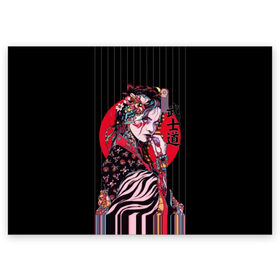 Поздравительная открытка с принтом Гейша в Кировске, 100% бумага | плотность бумаги 280 г/м2, матовая, на обратной стороне линовка и место для марки
 | Тематика изображения на принте: beauty | black | bright | character | cool | decorations | flowers | geisha | girl | hairstyle | japan | kimon | lines | red | stripes | woman | young | девушка | женщина | иероглиф | кимоно | красный | красотка | круто | линии | молодая | полосы 