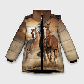 Зимняя куртка для девочек 3D с принтом Бегущие лошади в Кировске, ткань верха — 100% полиэстер; подклад — 100% полиэстер, утеплитель — 100% полиэстер. | длина ниже бедра, удлиненная спинка, воротник стойка и отстегивающийся капюшон. Есть боковые карманы с листочкой на кнопках, утяжки по низу изделия и внутренний карман на молнии. 

Предусмотрены светоотражающий принт на спинке, радужный светоотражающий элемент на пуллере молнии и на резинке для утяжки. | animal | color | dust | hooves | horse | mane | mustang | muzzle | nature | sky | speed | грива | животное | конь | копыта | лошадь | мустанг | небо | окрас | природа | пыль | скакун | скорость