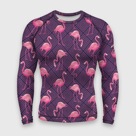 Мужской рашгард 3D с принтом Фламинго в Кировске,  |  | abstraction | beak | bird | fauna | feathers | flamingo | flora | geometry | happiness | nature | pink | purple | tropical | tropics | абстракция | геометрия | клюв | перья | природа | птица | розовый | счастье | тропики | тропический | фауна | фиолетовый