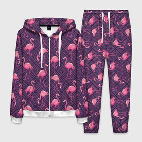 Мужской костюм 3D с принтом Фламинго в Кировске, 100% полиэстер | Манжеты и пояс оформлены тканевой резинкой, двухслойный капюшон со шнурком для регулировки, карманы спереди | Тематика изображения на принте: abstraction | beak | bird | fauna | feathers | flamingo | flora | geometry | happiness | nature | pink | purple | tropical | tropics | абстракция | геометрия | клюв | перья | природа | птица | розовый | счастье | тропики | тропический | фауна | фиолетовый
