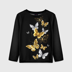 Детский лонгслив 3D с принтом Золотые бабочки в Кировске, 100% полиэстер | длинные рукава, круглый вырез горловины, полуприлегающий силуэт
 | Тематика изображения на принте: airy | black | butterfly | cool | cute | flight | flit | gold | insect | magical | white | wings | yellow | бабочка | белый | воздушный | волшебный | желтый | золото | крылья | милый | насекомое | полёт | порхать | прикольный | черный